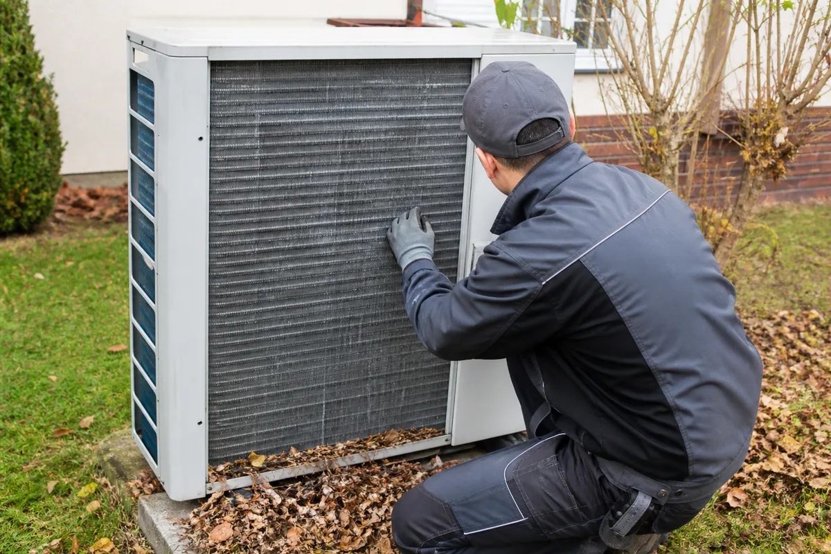 Technicien contrôlant la batterie à ailettes d&rsquo;un groupe extérieur de climatisation