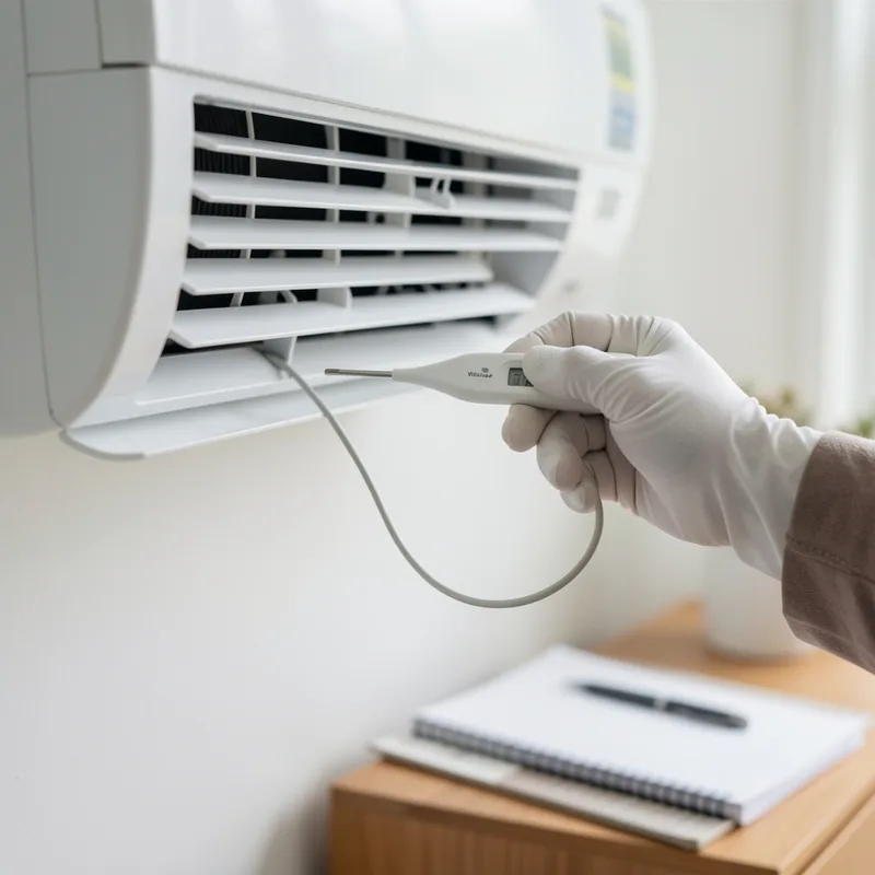 Technicien relevant les températures de soufflage d&rsquo;une unité intérieure de climatisation réversible