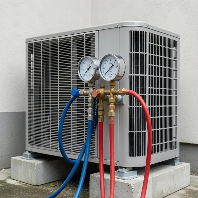 Manomètres d&rsquo;un manifold raccordés au groupe extérieur d&rsquo;une climatisation réversible