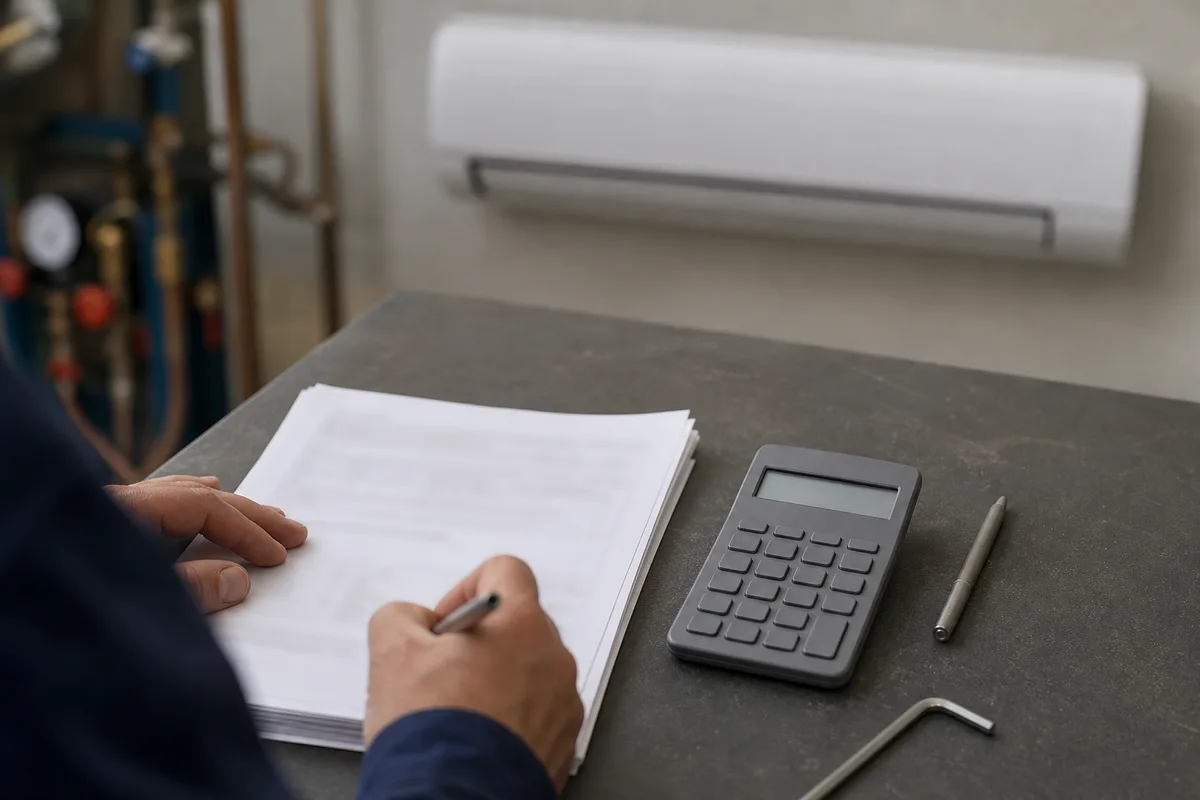 Devis de climatisation posé sur un plan de maison avec calculatrice et unité murale en arrière-plan