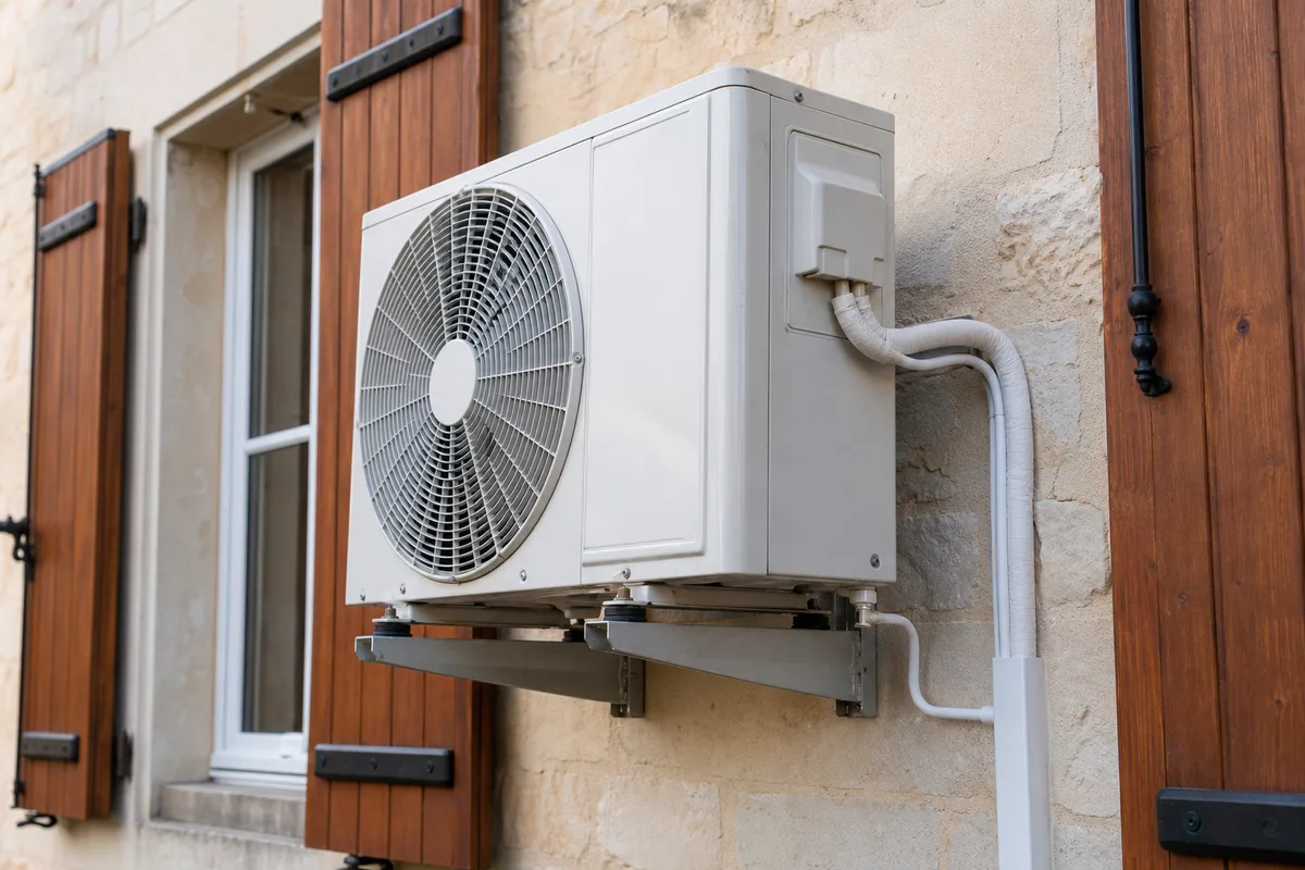 Unité extérieure de climatisation sur support anti-vibratile devant une façade en pierre ancienne