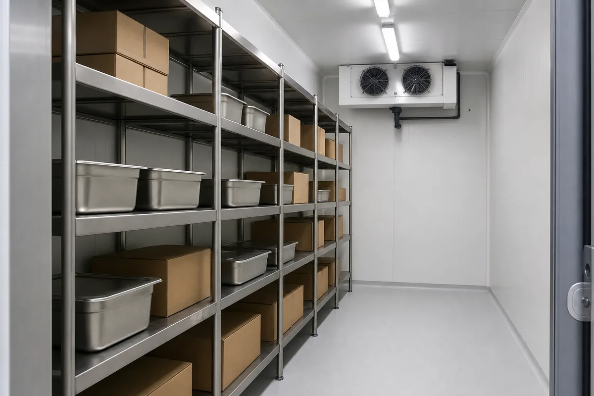 Chambre froide positive en panneaux sandwich avec rayonnages inox chargés de bacs alimentaires