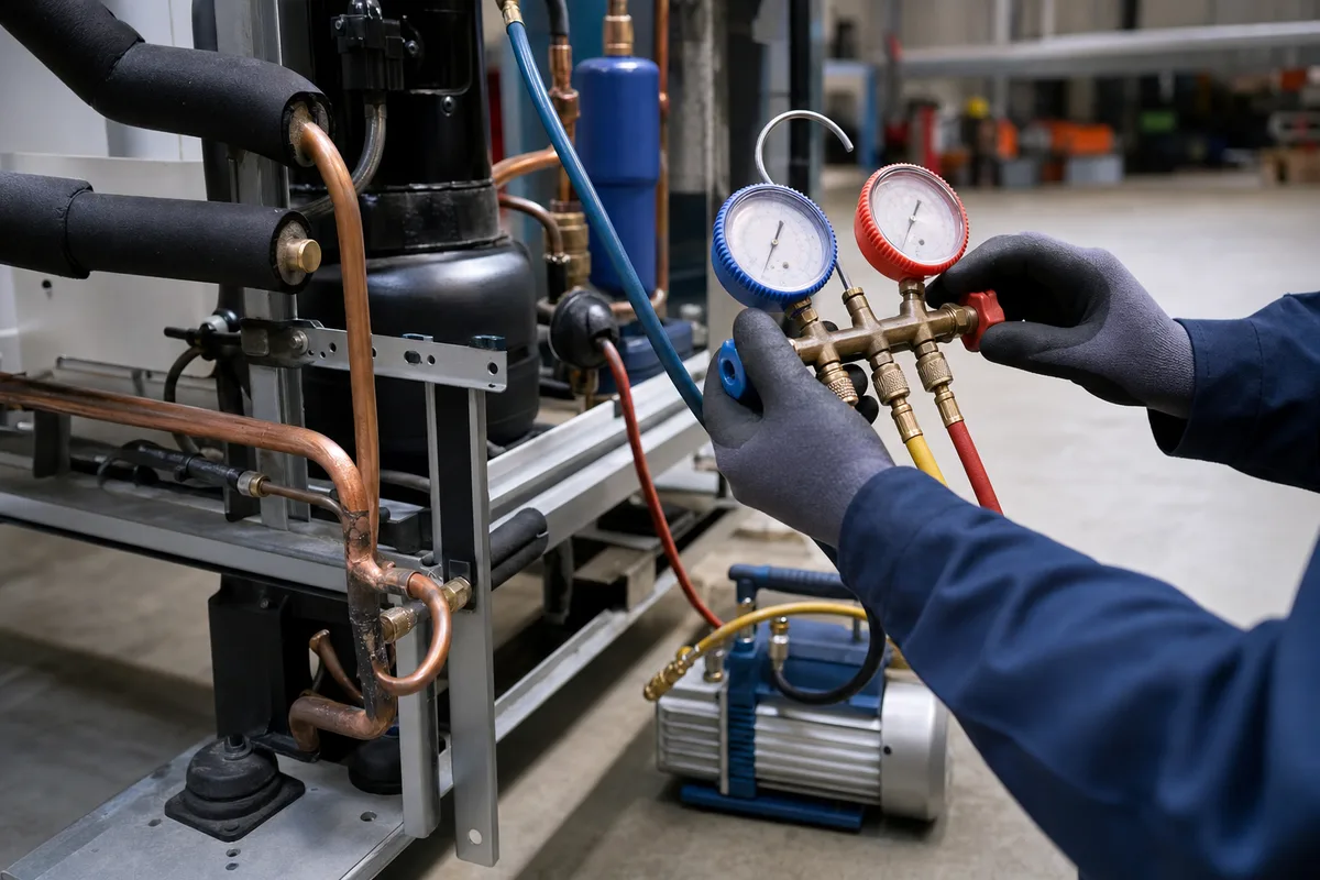 Groupe frigorifique et manifold de charge lors de la mise en service d&rsquo;une installation de froid commercial