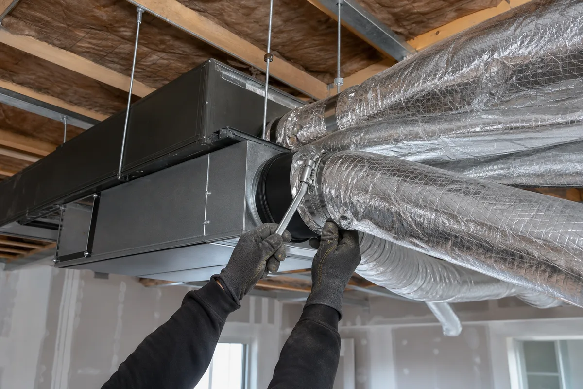 Caisson de climatisation gainable installé dans un faux plafond avec réseau de gaines isolées