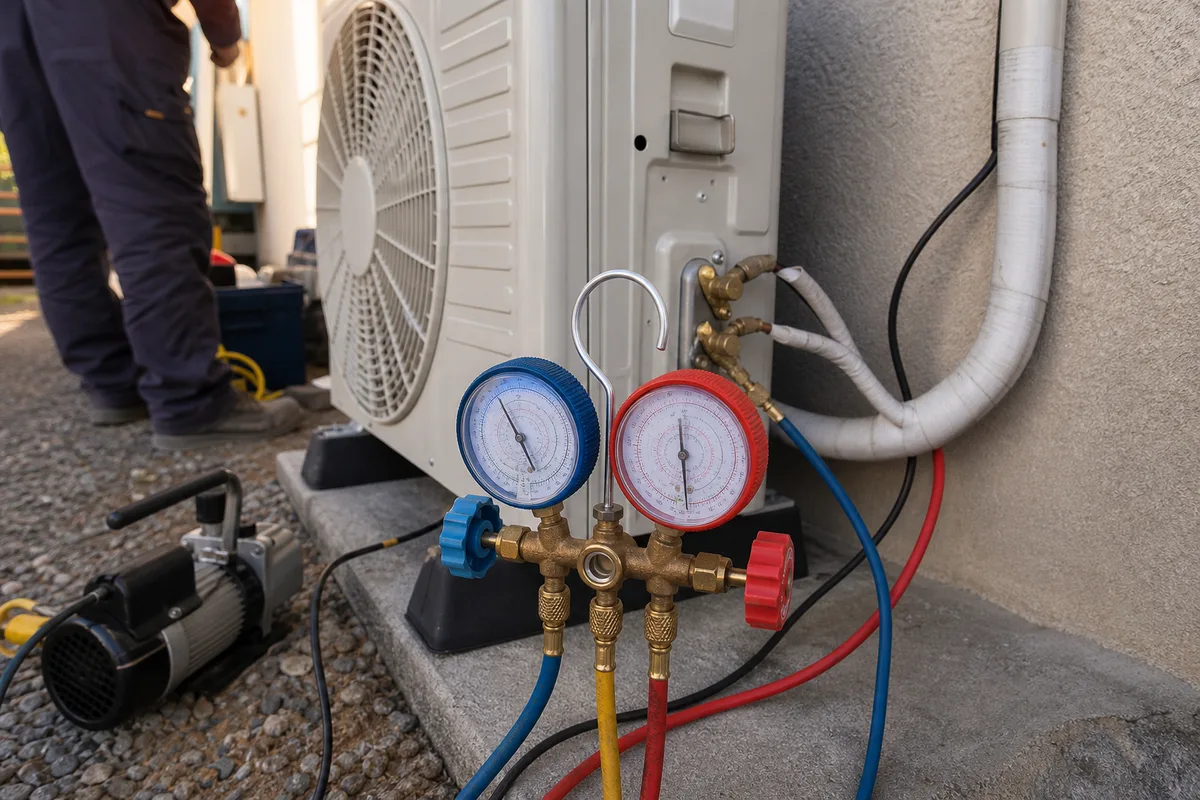 Manifold et pompe à vide raccordés sur les vannes d’un groupe extérieur de climatisation