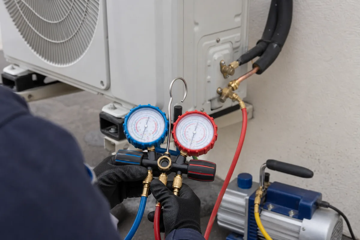 Manifold de contrôle raccordé sur le groupe extérieur d&rsquo;une climatisation