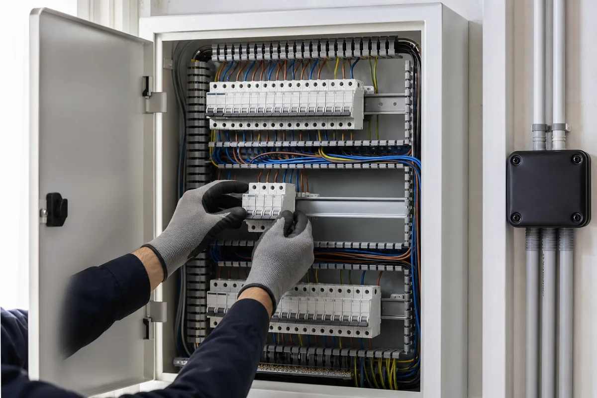 Tableau électrique résidentiel ouvert avec la rangée réservée au circuit de climatisation