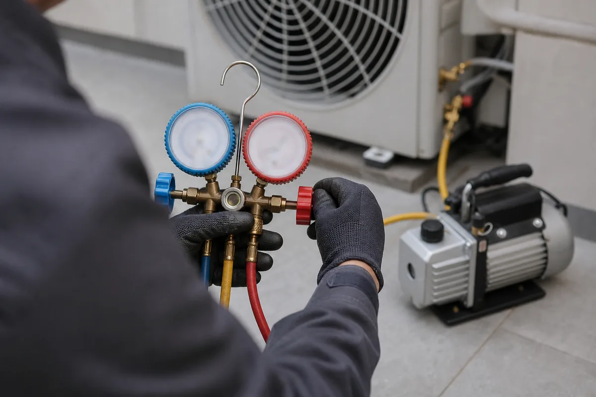 Manifold de contrôle et pompe à vide raccordés au circuit frigorifique lors de la mise en service