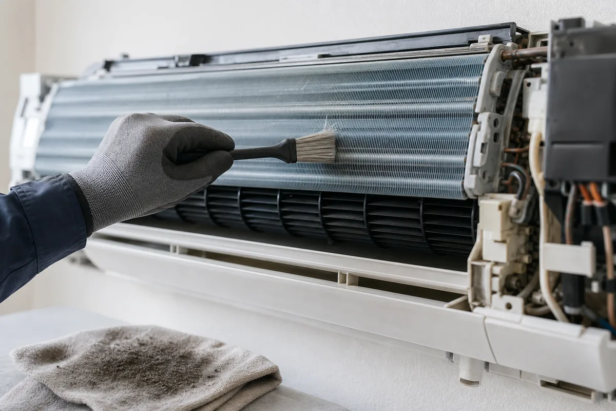 Nettoyage de la batterie d&rsquo;une unité intérieure murale de climatisation démontée