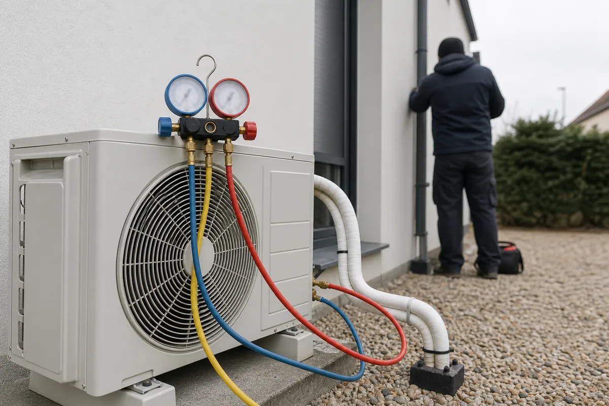 Manomètres d&rsquo;un manifold connectés au groupe extérieur d&rsquo;une climatisation lors d&rsquo;un contrôle