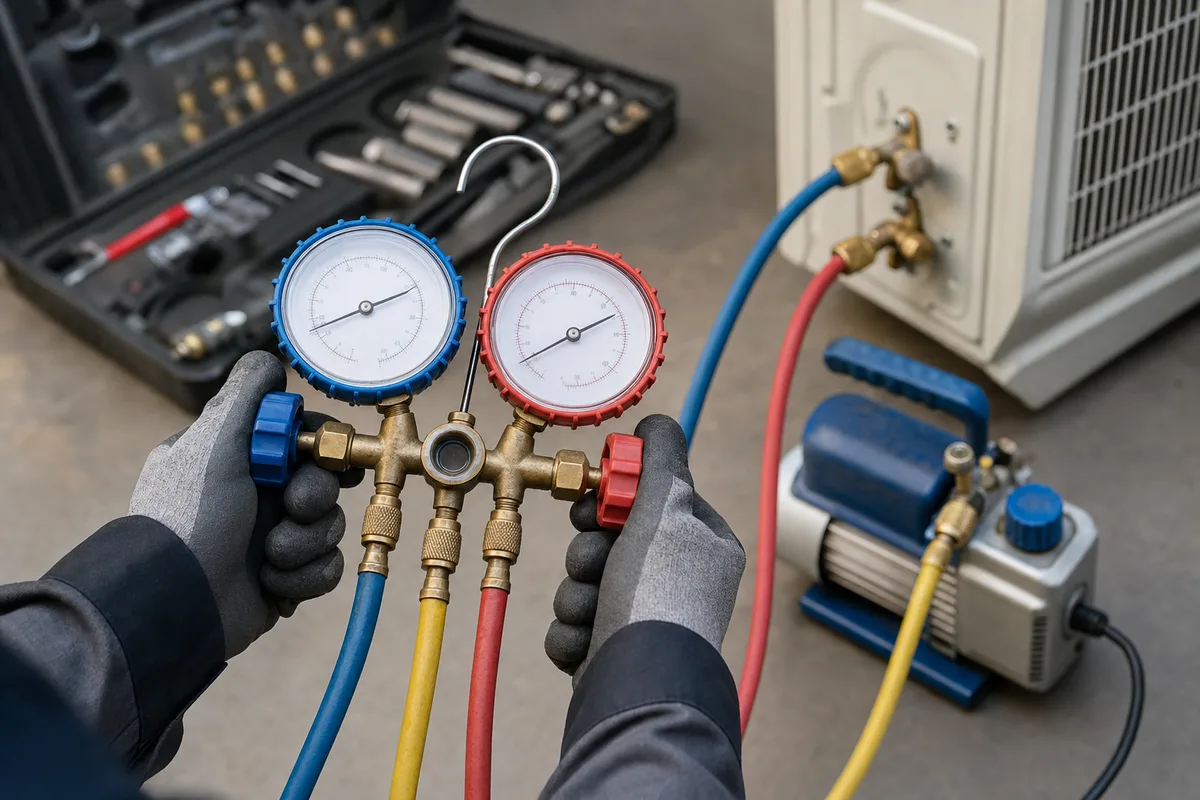Technicien contrôlant les pressions d&rsquo;une climatisation murale avec un manifold, mains gantées en gros plan