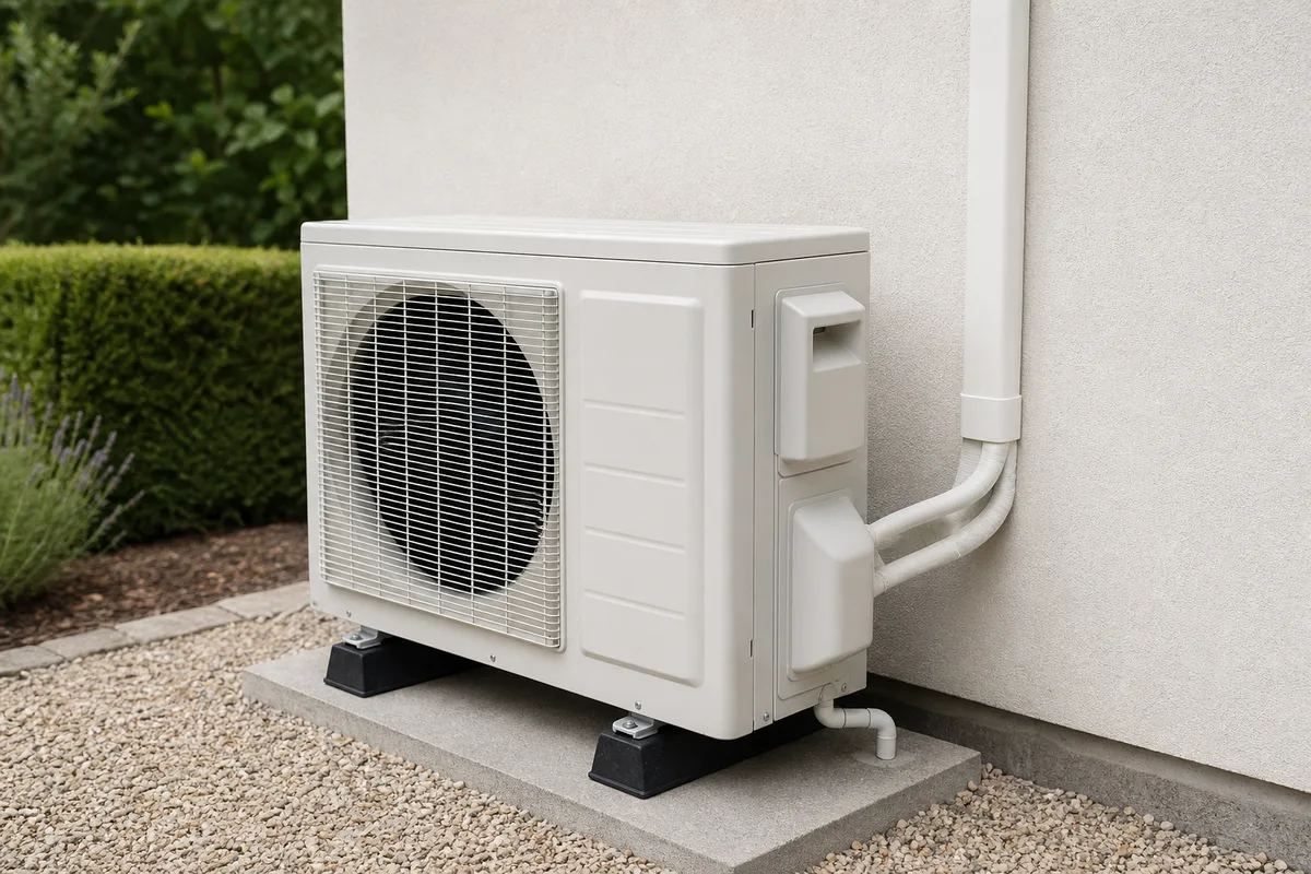 Groupe extérieur de pompe à chaleur air-air sur plots anti-vibratiles le long d&rsquo;une façade, liaisons frigorifiques cintrées et gainées
