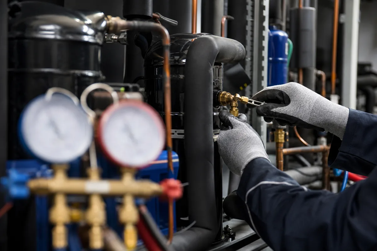 Manifold et outillage posés devant une centrale de froid commercial en local technique, mains gantées d’un technicien