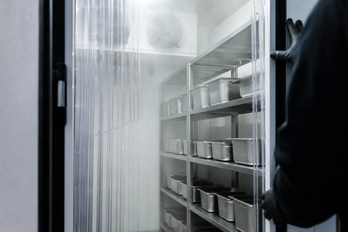 Chambre froide professionnelle ouverte, étagères inox chargées, éclairage neutre