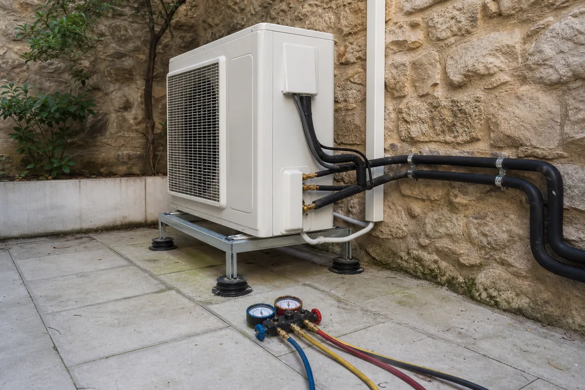 Groupe frigorifique déporté sur support anti-vibratile en cour intérieure, liaisons cintrées