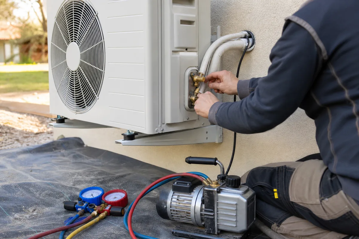 Groupe extérieur de climatisation fixé sur console murale avec plots anti-vibratiles et liaisons frigorifiques cintrées