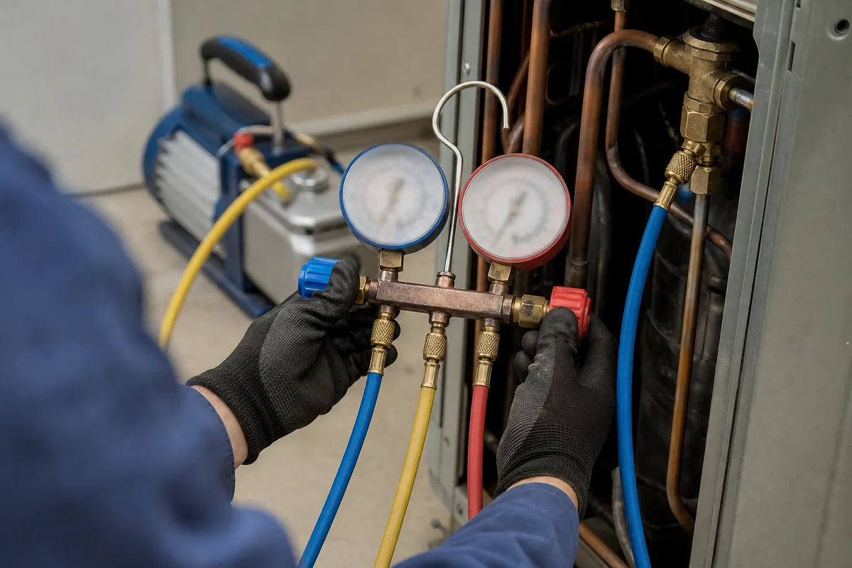 Mains gantées d&rsquo;un technicien contrôlant la pression d&rsquo;un circuit frigorifique au manifold
