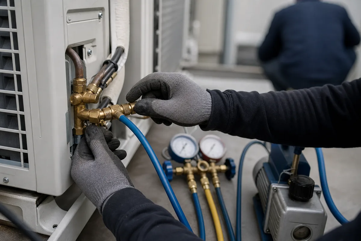 Manifold et pompe à vide raccordés aux vannes d&rsquo;un groupe extérieur de climatisation