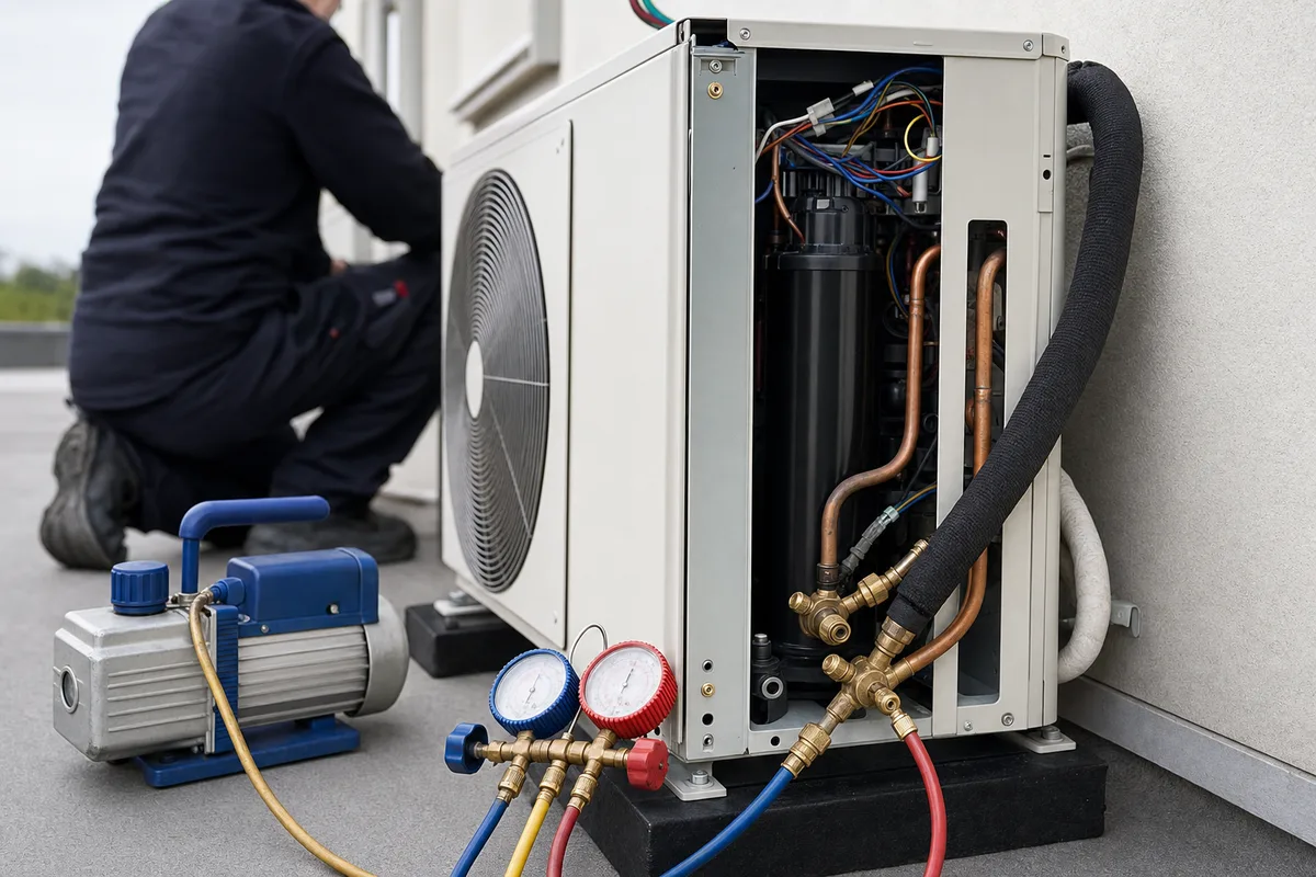 Groupe extérieur de climatisation ouvert avec un manifold branché sur les vannes de service pour un relevé de pression