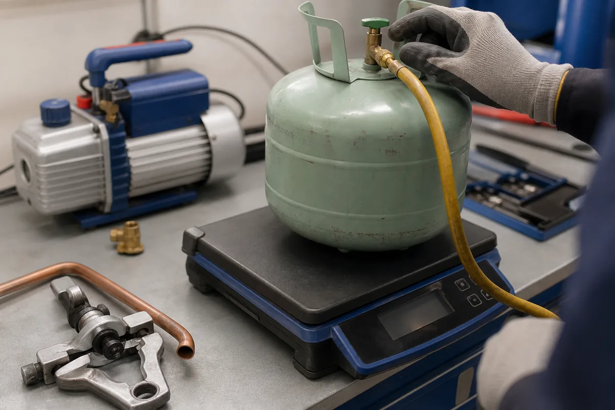 Technicien pesant à la balance électronique la charge de fluide frigorigène introduite dans une climatisation