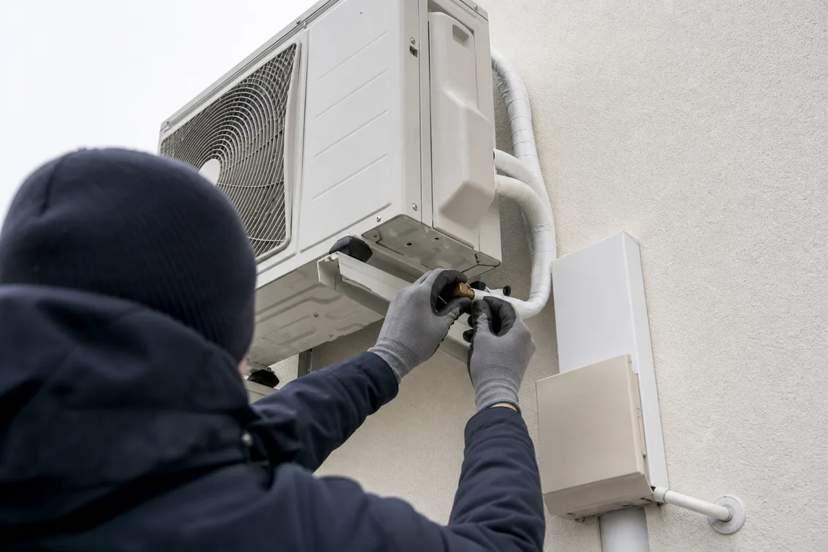 Groupe extérieur de climatisation fixé sur support anti-vibratile le long d&rsquo;une façade